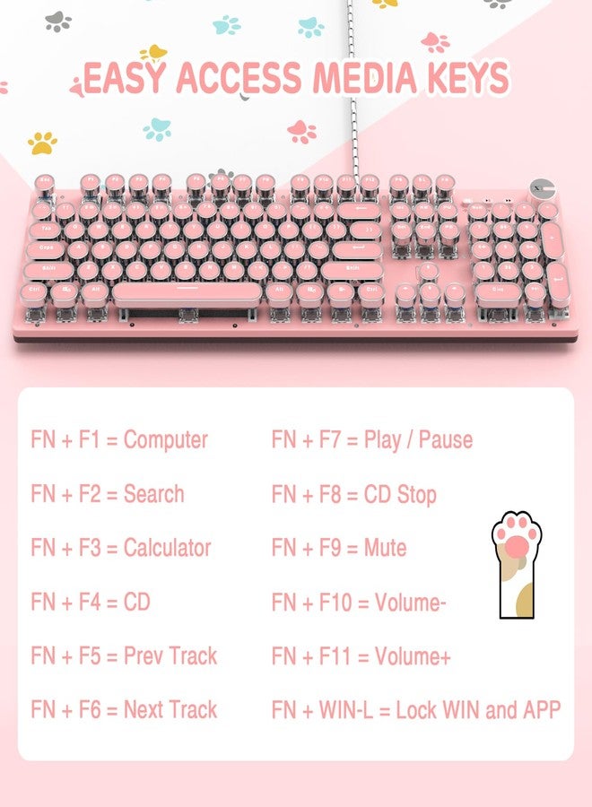 LexonElec Typewriter Style Retro Wired Mechanical Gaming Keyboard, Vintage Steampunk with White LED Backlit, 104-Key Anti-Ghosting Blue Switch Cute Keyboard, Round Keycaps Knob Control for PC/Win/Mac/Laptop - Image 3